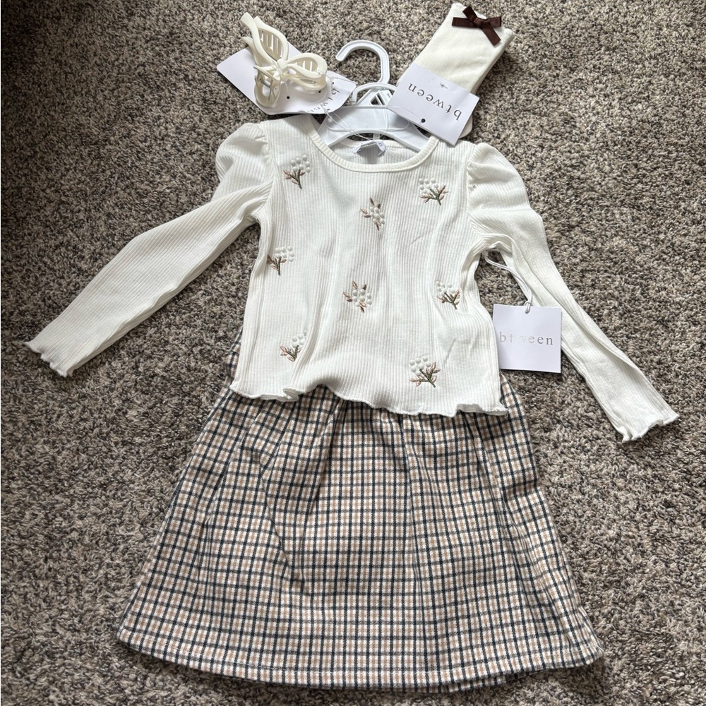 NWT Btween White Long Sleeve Top with Plaid Skort Set